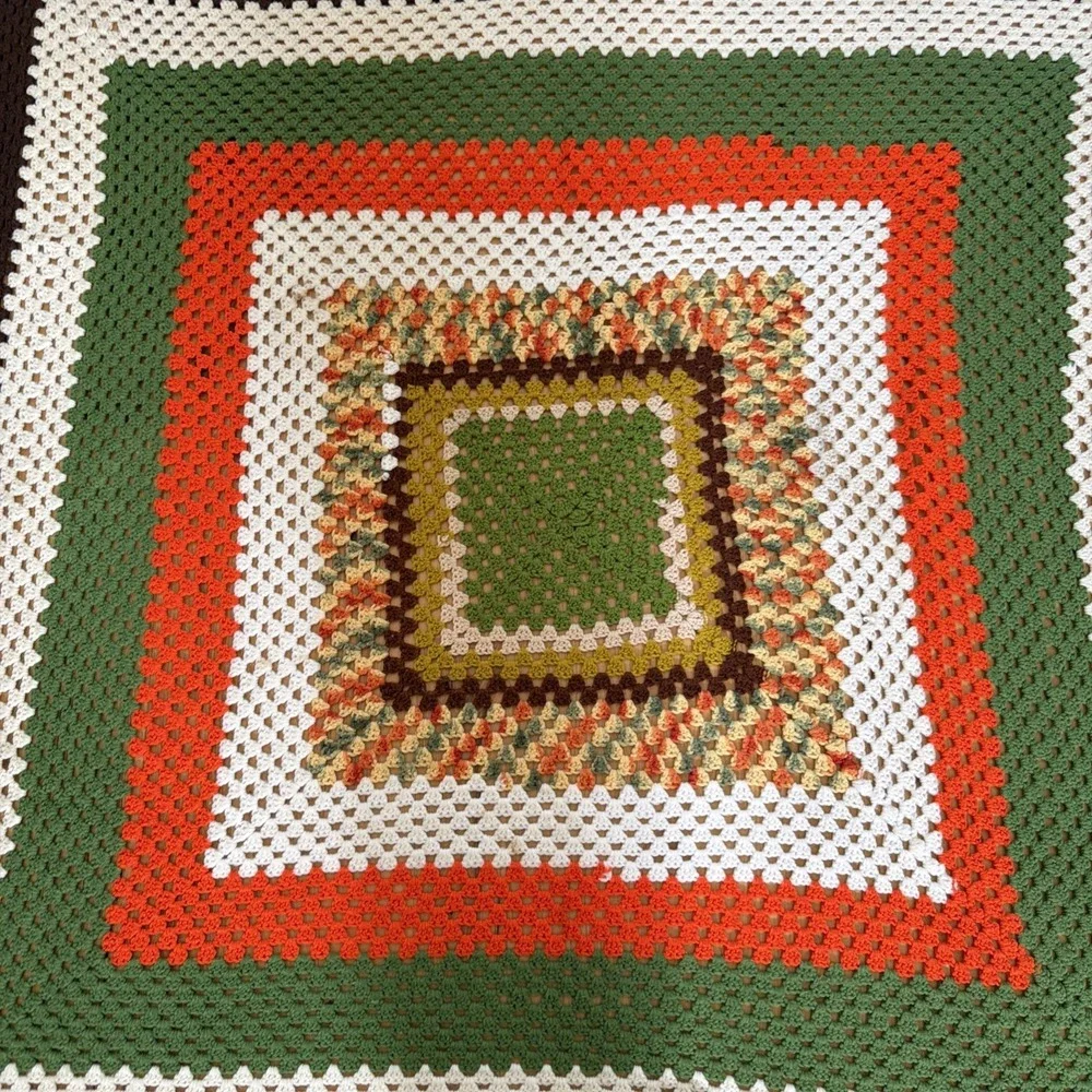 Vintage Hand Chrochet 70's Vibe Orange Green Brown Throw Blanket 63x63in